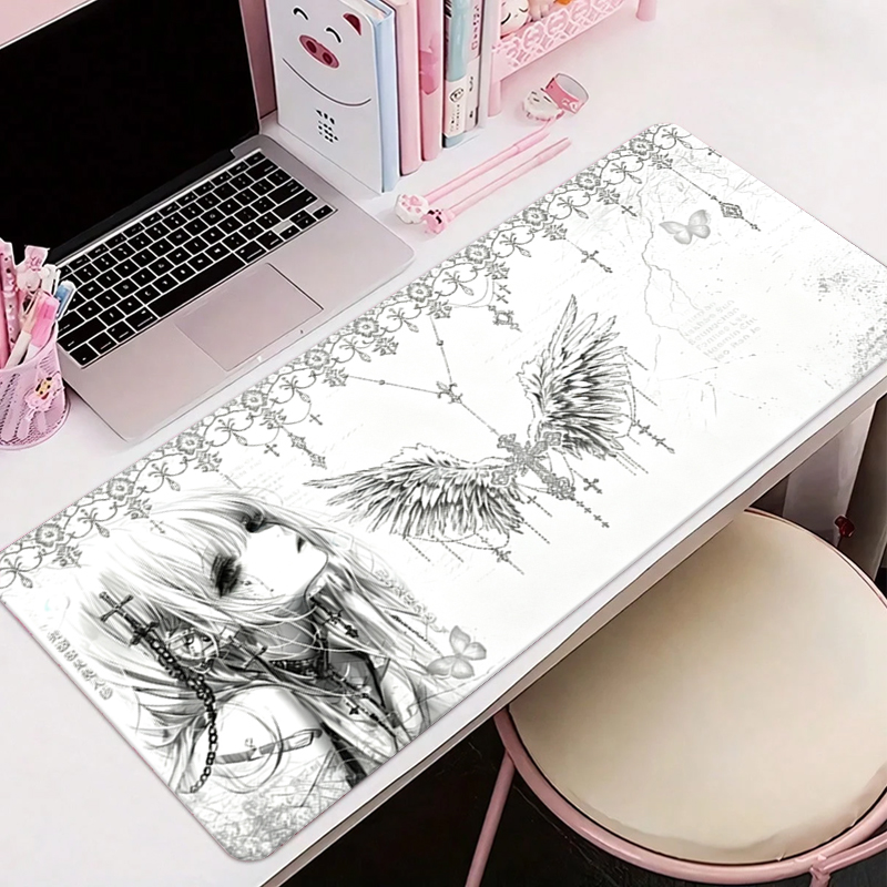 Office Furniture China - แผ่นรองเมาส์หนังสีดำสีขาวอะนิเมะความงามของสาวนางฟ้าแผ่นรองเมาส์อุปกรณ์สำนักงานคีย์บอร์ดเกมพีซีอีสปอร์ต HD แผ่นรองโต๊ะ